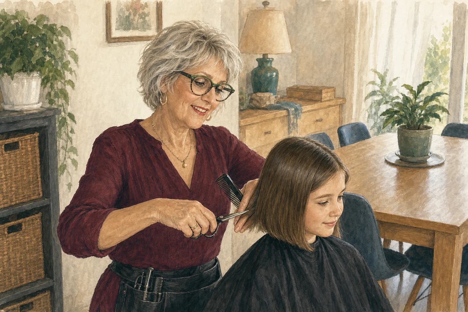 Illustration de Nadine coupant les cheveux d’un enfant à domicile