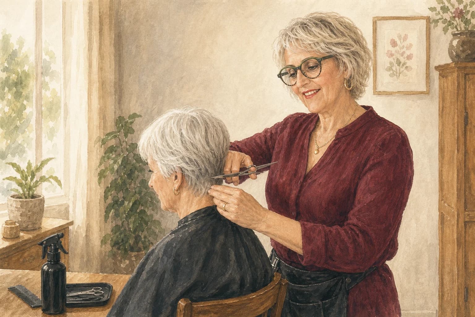 Illustration de Nadine coiffant une cliente senior à domicile